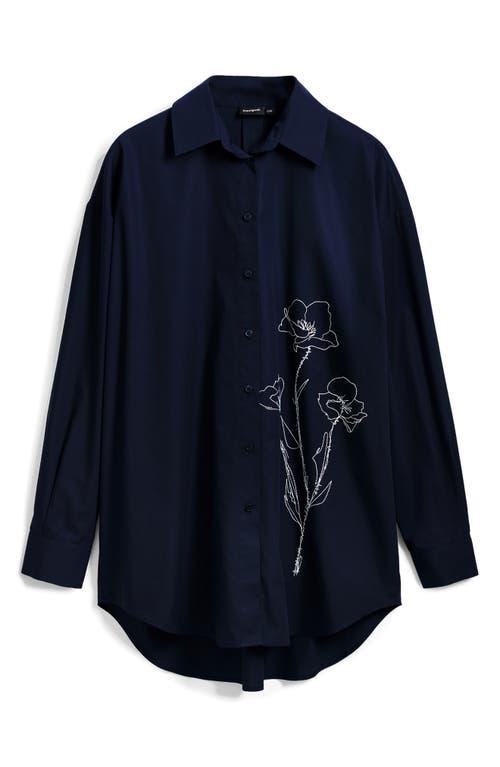 Desigual Floral Embroidered Oversize Cotton Graphic Button-up Shirt In Navy Blue
