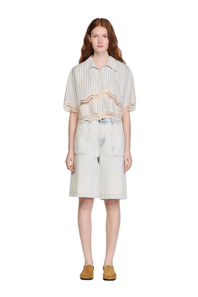 Cropped striped cotton shirt, Alternate, color, Ecru / bleu