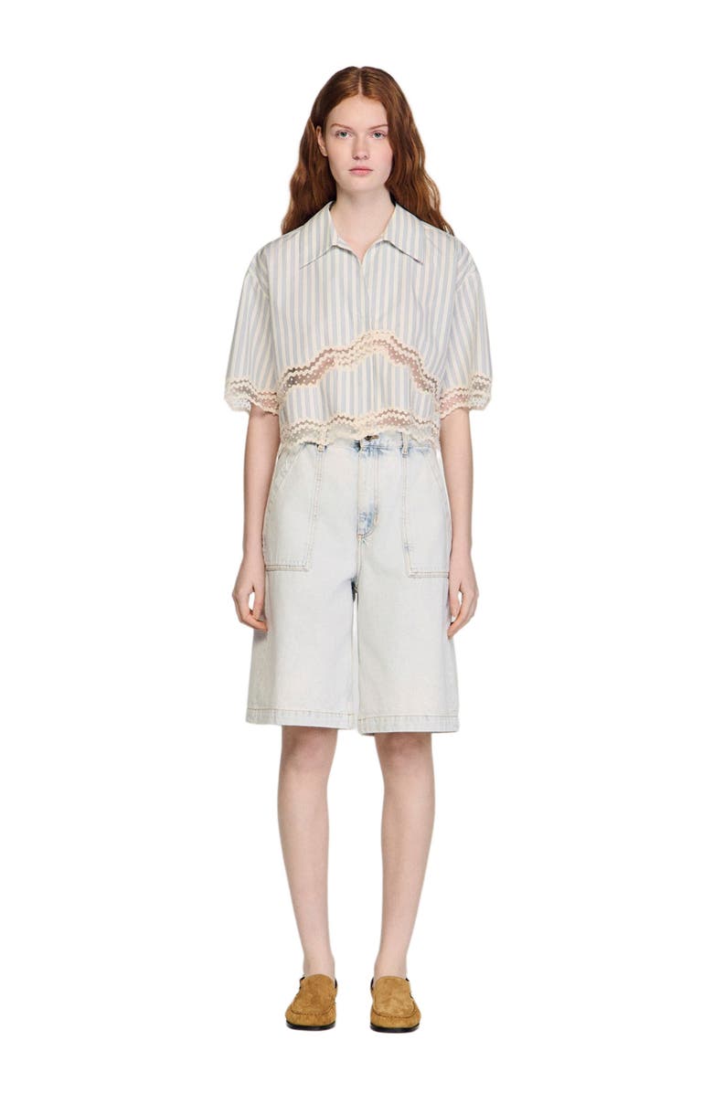 SANDRO Cropped striped cotton shirt, Alternate, color, Ecru / Bleu