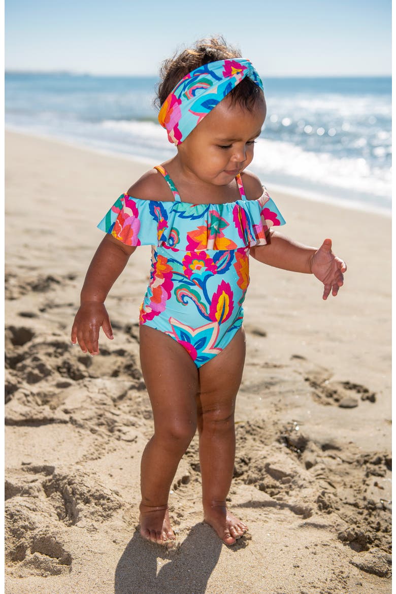 Kids' Breezy Ruffle Off the Shoulder One-Piece Swimsuit, Alternate, color, MULTI