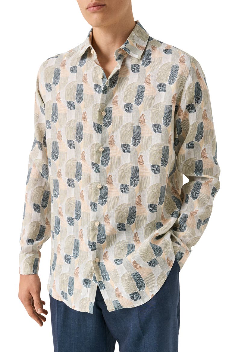 Regular Fit Geometric Linen Dress Shirt, Main, color, MEDIUM GREEN