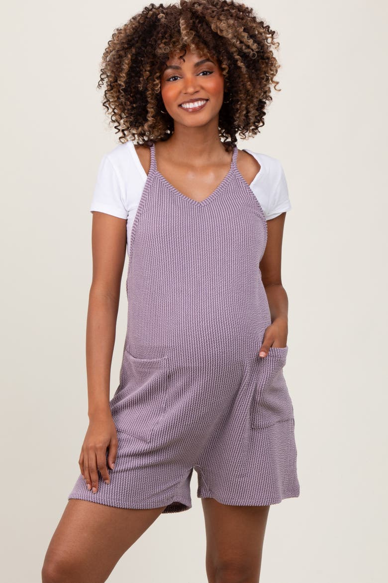 Solid Ribbed V-Neck Sleeveless Front Pocket Romper, Alternate, color, Purple