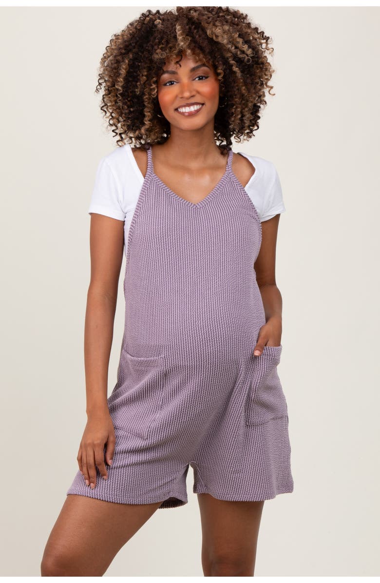 PinkBlush Solid Ribbed V-Neck Sleeveless Front Pocket Romper, Alternate, color, Purple