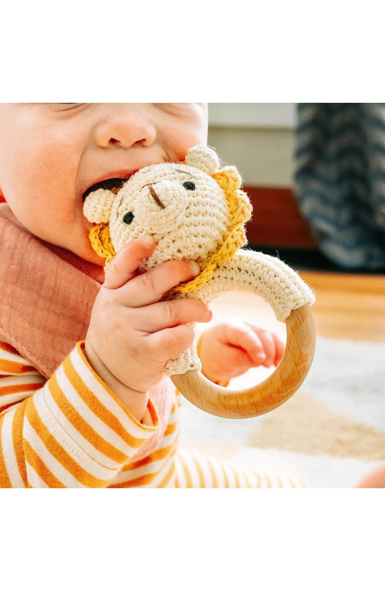 embé Baby Interactive Wooden Toy Rattle with Crochet Animal, Alternate, color, Lion