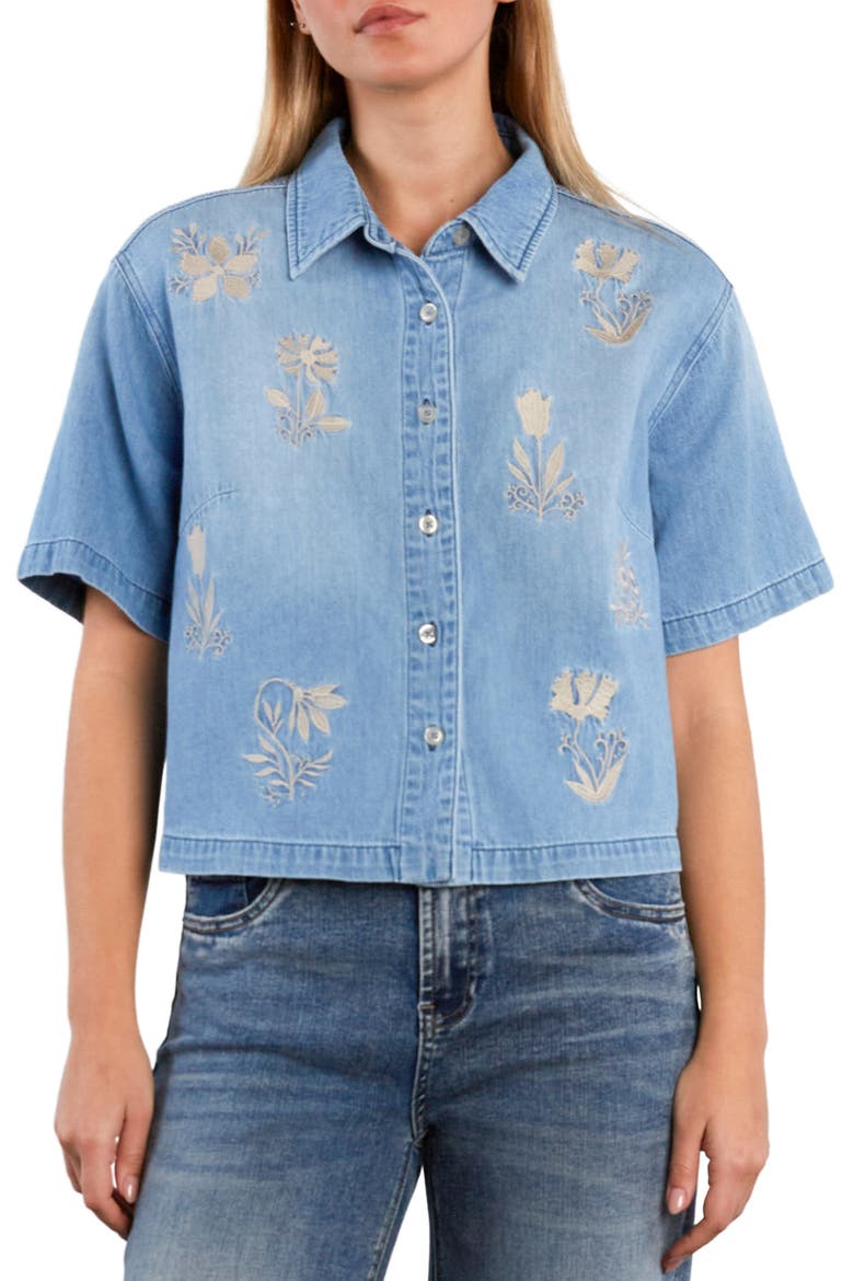 Floral Stitched Crop Denim Shirt, Main, color, FLEUR BLUE