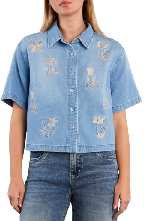 Floral Stitched Crop Denim Shirt