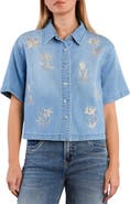 HINT OF BLU Floral Stitched Crop Denim Shirt
