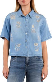 HINT OF BLU Floral Stitched Crop Denim Shirt