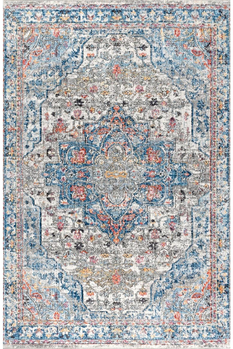 Manisa Vintage Medallion Area Rug, Alternate, color, Ivory/Peacock Blue/Coral