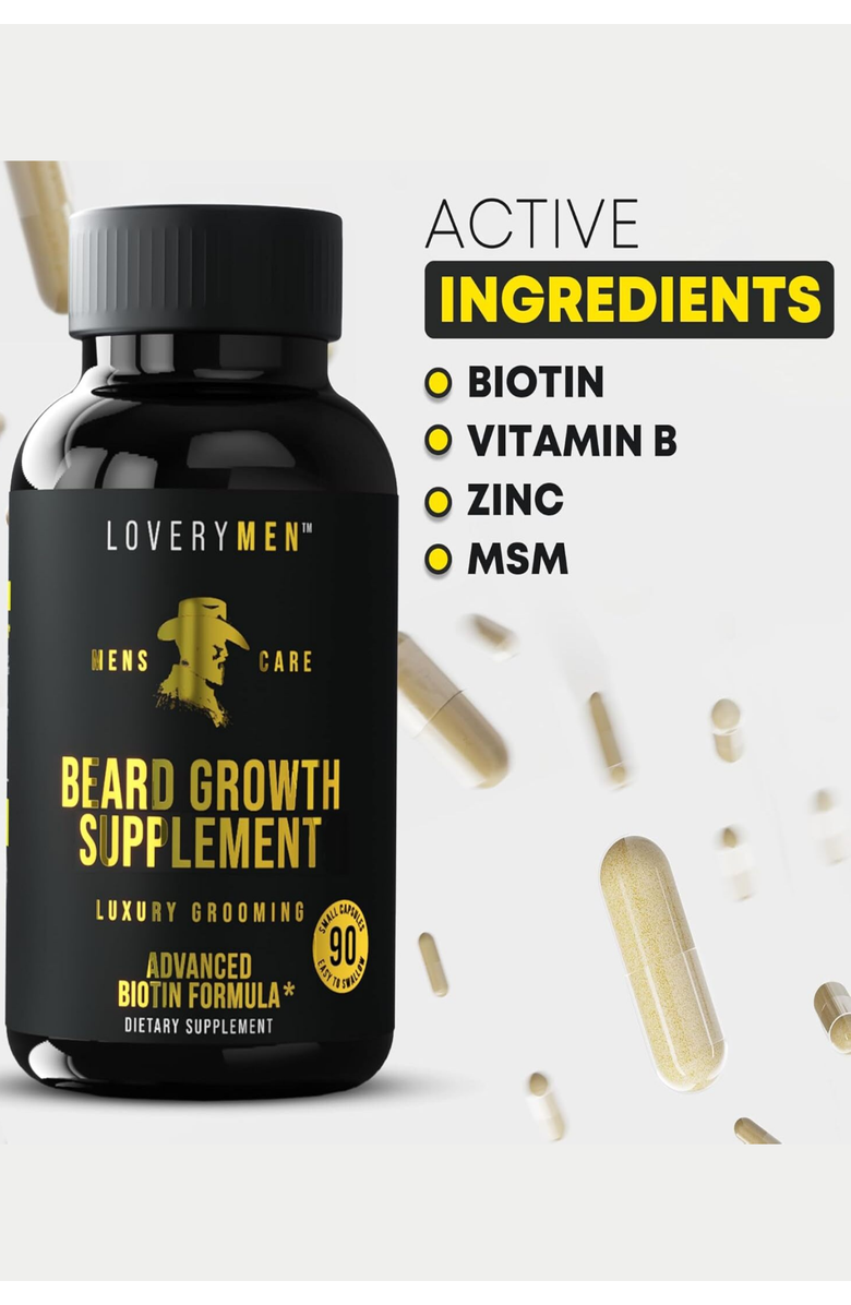 Lovery Men Beard Growth Supplement - Advanced Formula with Biotin, MSM - Thicker, Fuller Beard Support - 90 Capsules - Made in USA, Alternate, color, Black, Gold