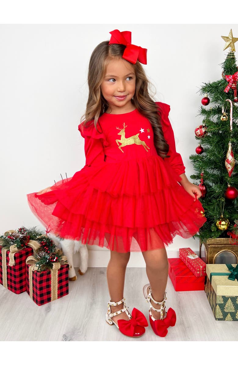 Mia Belle Girls Golden Reindeer Ruffled Tutu Dress, Alternate, color, Red