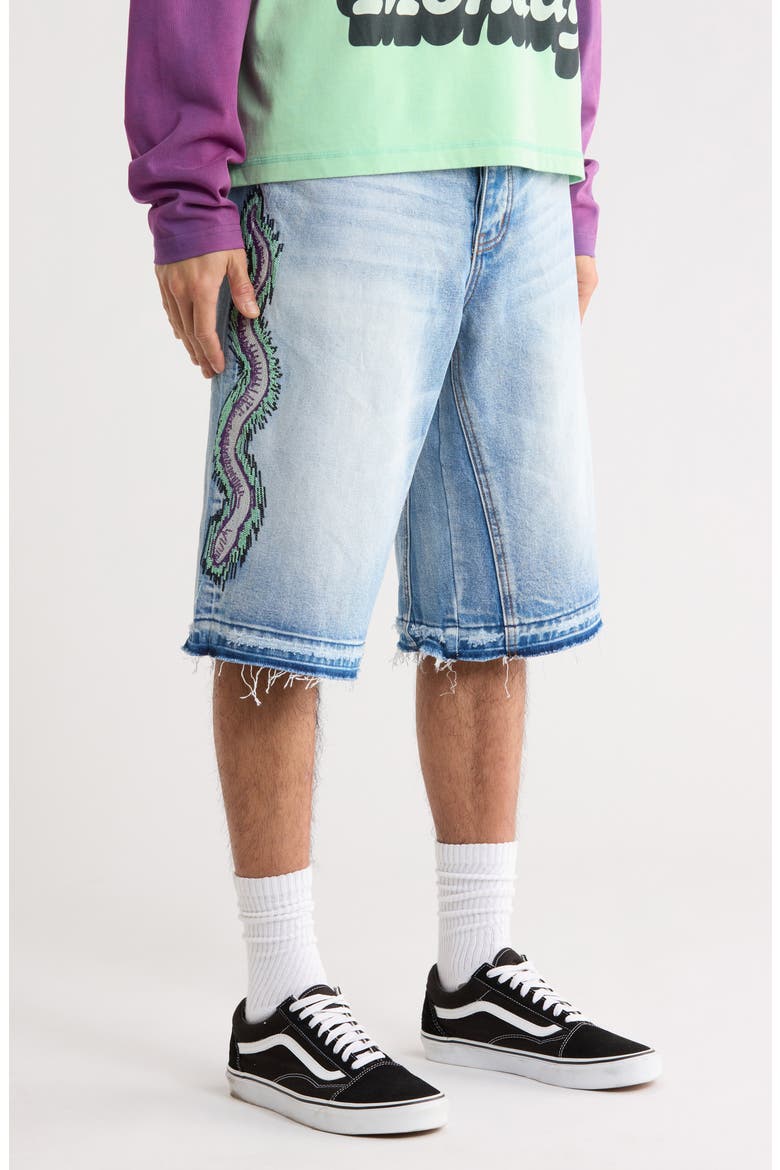Snake Embroidered Denim Shorts, Alternate, color, LIGHT WASH