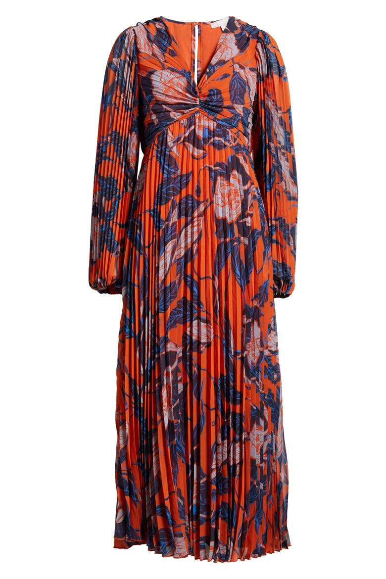 Floral Print Pleated Long Sleeve Dress, Alternate, color, RUST- BLUE LANA FLORAL