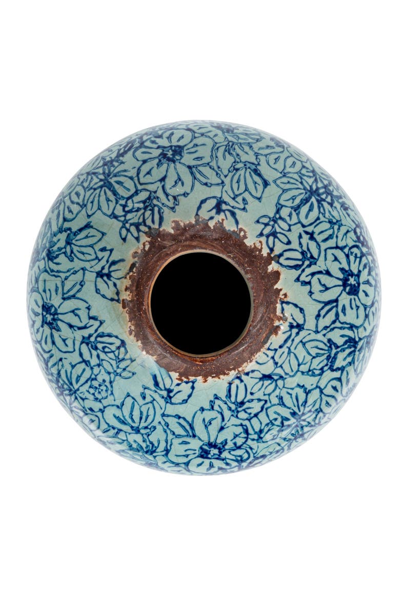 Decorative Round Terra-cotta Vase with Floral Pattern with Distressed Finish, Blue, Alternate, color, Blue