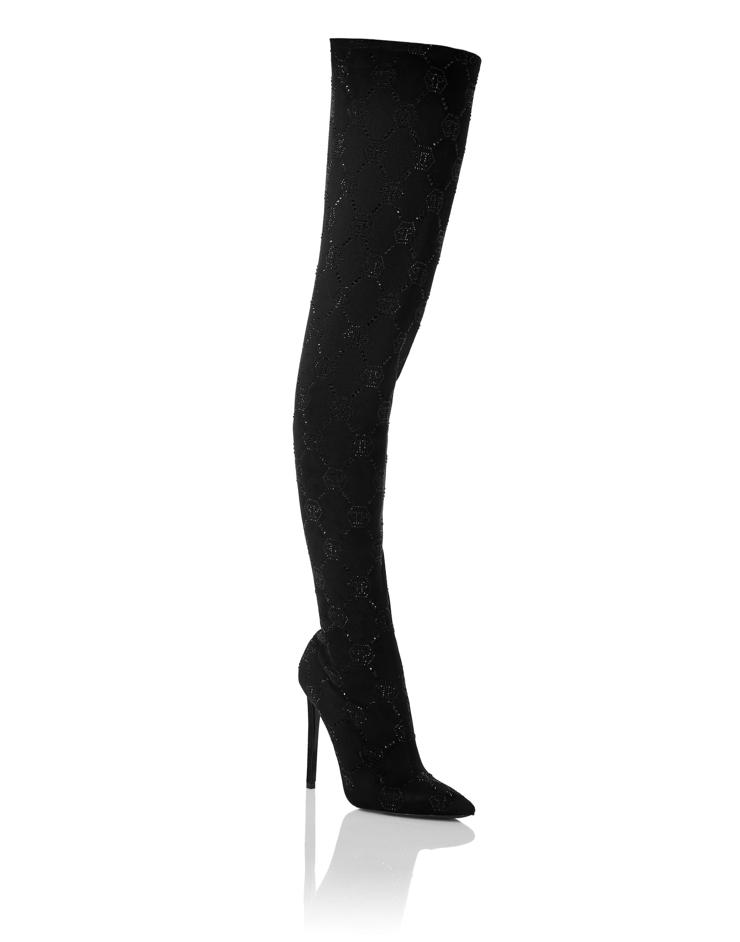 PHILIPP PLEIN Suede Stretch Boots Hi-Heels Plein Overknees Monogram Women, Main, color, Black