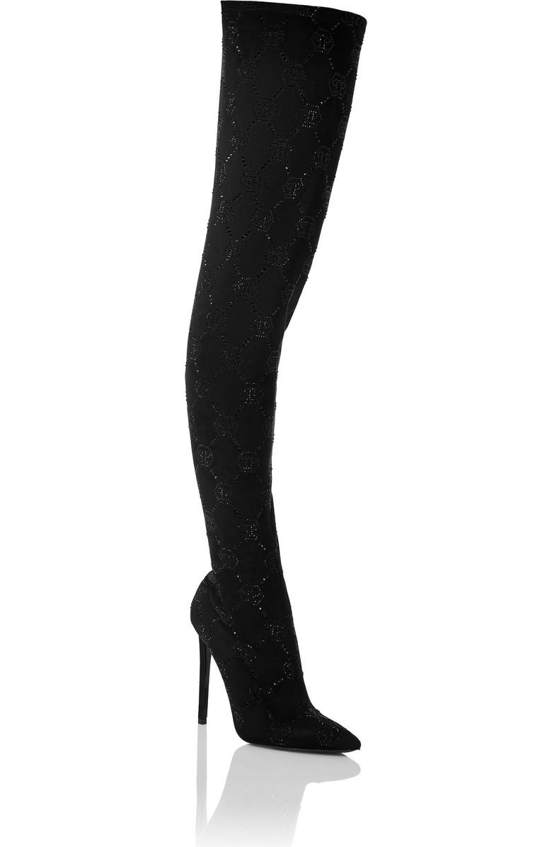 PHILIPP PLEIN Suede Stretch Boots Hi-Heels Plein Overknees Monogram Women, Main, color, Black