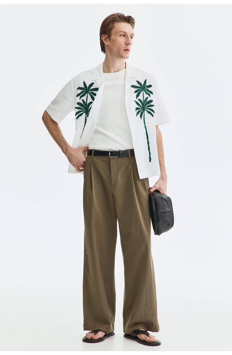 H&M Relaxed Fit Embroidered-motif Resort Shirt, Alternate, color, White/Palm Trees