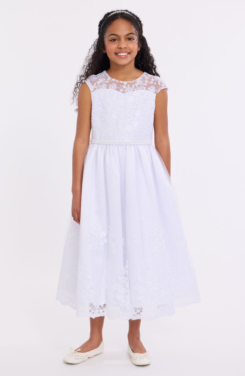 Iris & Ivy Embroidered Cap Sleeve Communion Dress, Main, color,