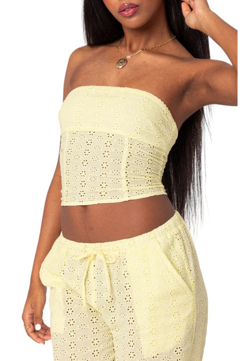 Lemon Eyelet Lace-Up Corset Crop Tube Top, Alternate, color, YELLOW