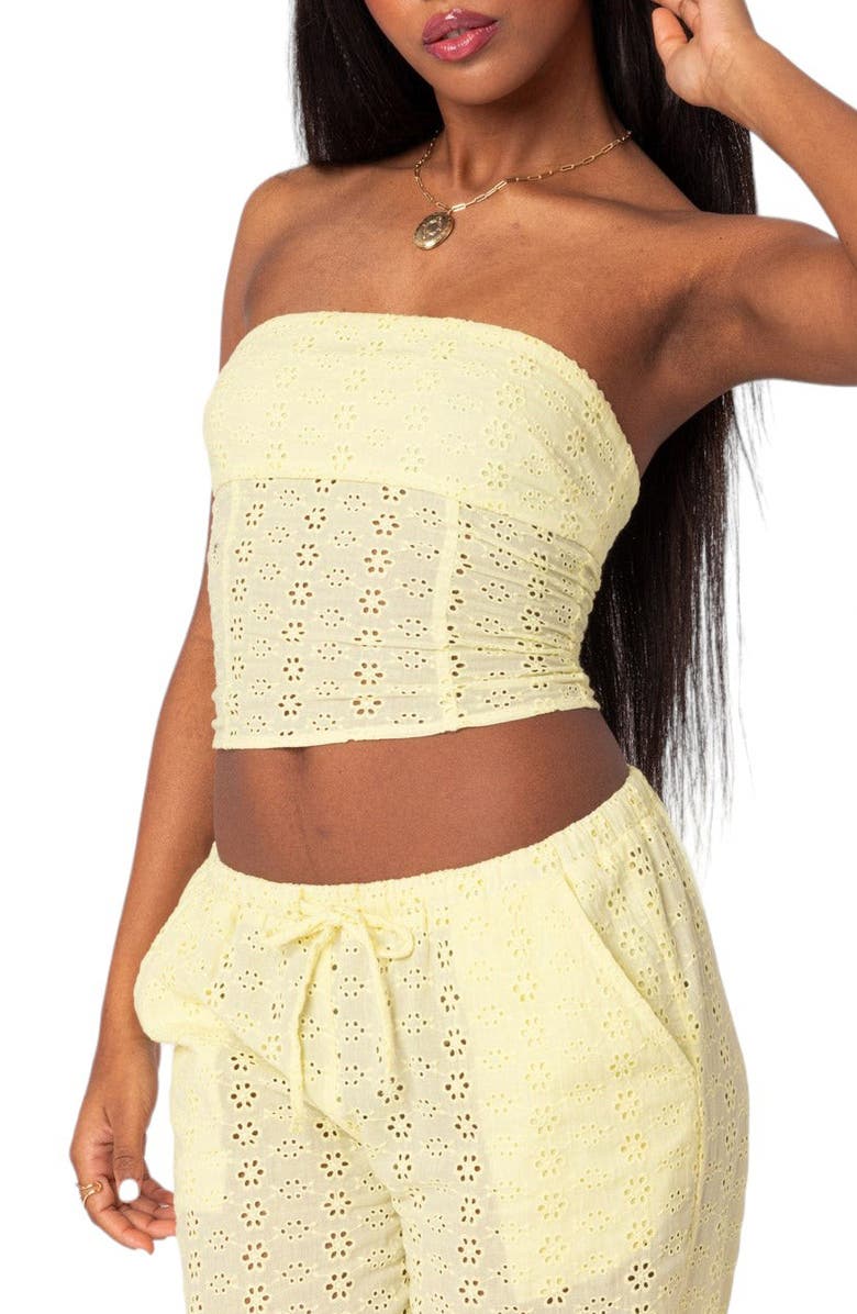 EDIKTED Lemon Eyelet Lace-Up Corset Crop Tube Top, Alternate, color, Yellow