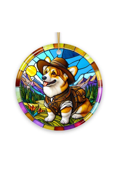 Corgi Adventurer Stained Glass Style Ceramic Ornament