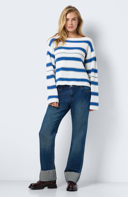 Noisy May Short Sleeve Ribbed Knit Top In Black And Cream Stripe In Eggnog Stripes Mgm