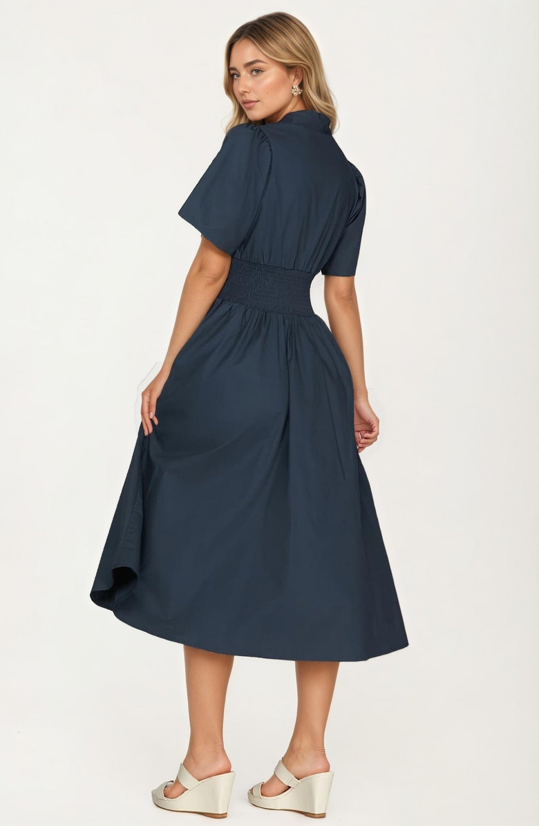 Knit and Lounge Zip-Front Smocked Waist Short Sleeve Midi Dress, Alternate, color, Navy