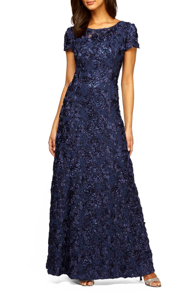 Embellished Lace A-Line Evening Gown, Main, color, NAVY