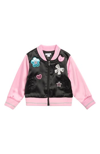 Flapdoodles Kids' Sequin Patch Satin Bomber Jacket In Pink