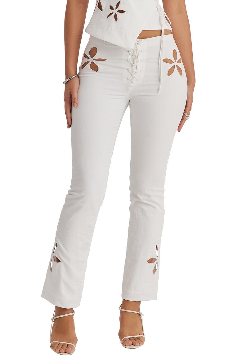 Floral Cutout Lace-Up Straight Leg Pants, Main, color, CLOUD