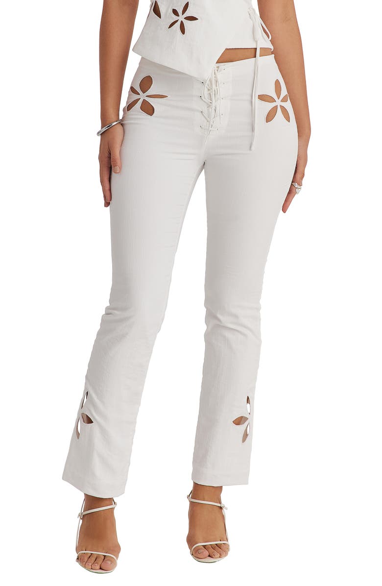 Mistress Rocks Floral Cutout Lace-Up Straight Leg Pants, Main, color, 