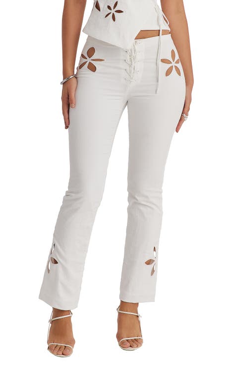Floral Cutout Lace-Up Straight Leg Pants