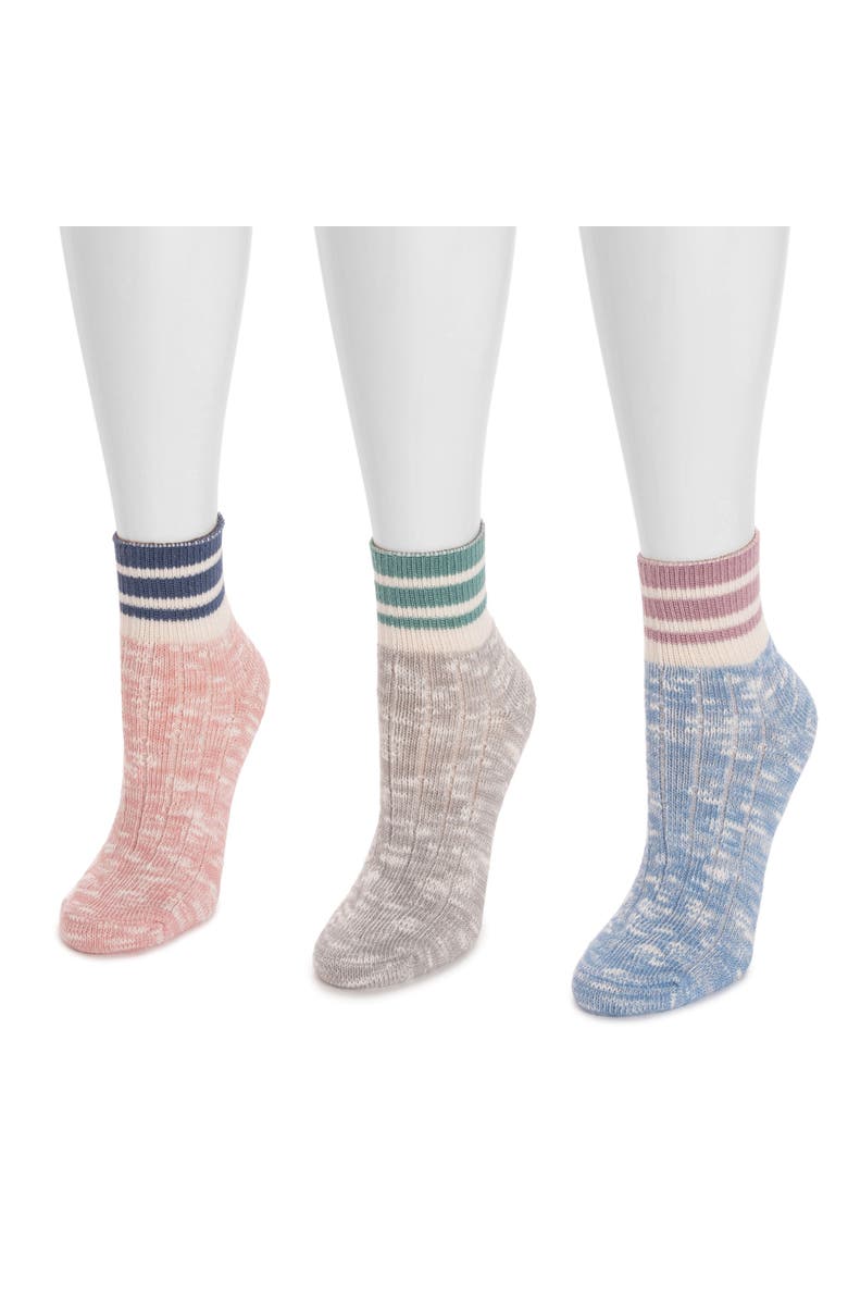 MUK LUKS Women's Rib Cuff Mini Crew Socks, 3 Pair Pack, Alternate, color, Blue/Pink