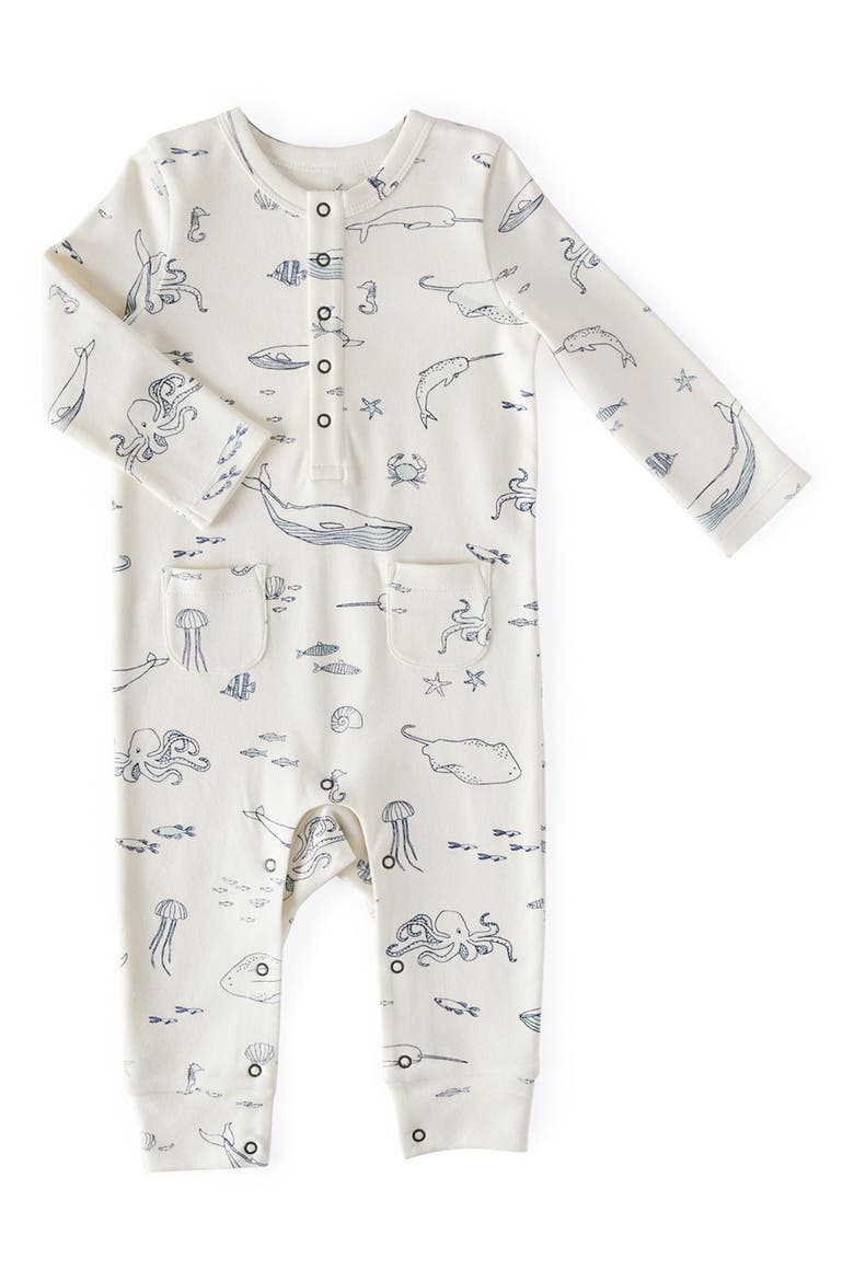 Patch Pocket Long Sleeve Henley Organic Cotton Romper, Main, color, BLUE