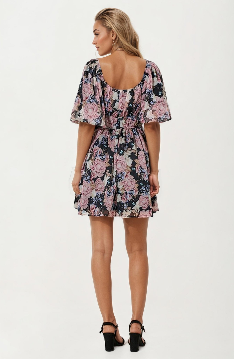 Knit and Lounge Puff Sleeve Floral Mini Dress with Smocked Waist, Alternate, color, Pink Floral