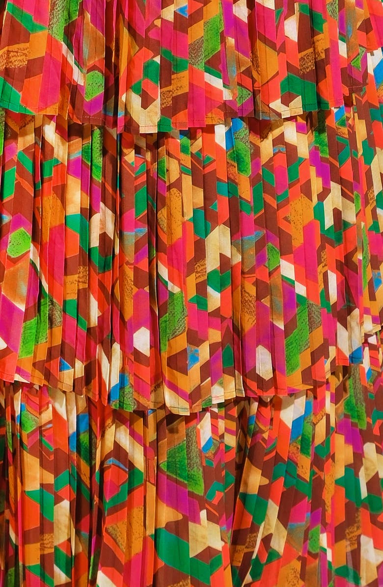 FLYING TOMATO Print Pleated Tiered Maxi Dress, Alternate, color, Orange Green