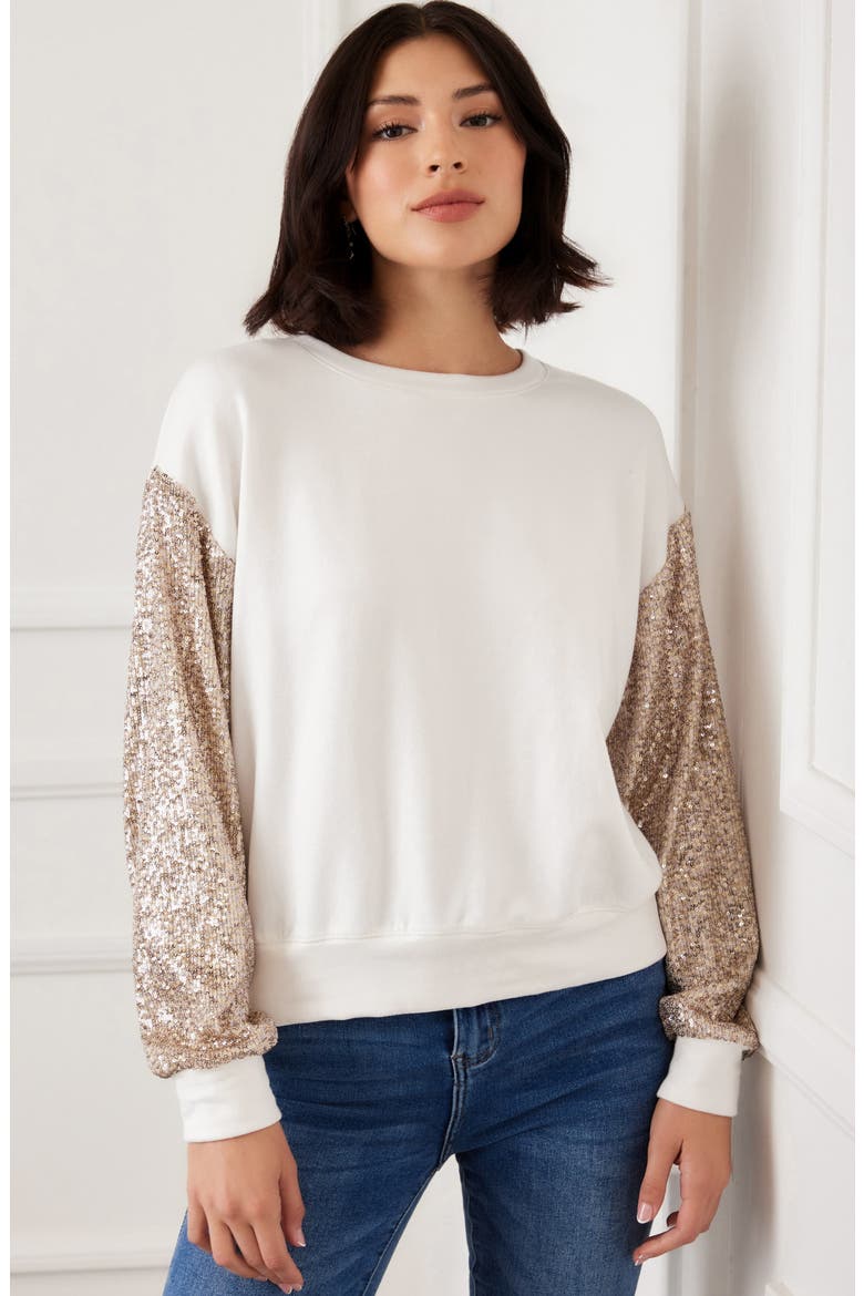 Sequin Sleeve Sweatshirt, Alternate, color, CREAM