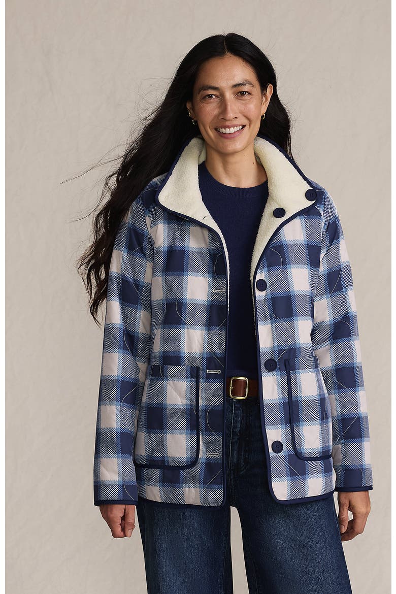 High Pile Fleece Reversible Mixed Media Long Jacket, Main, color, Ivory/Navy Check