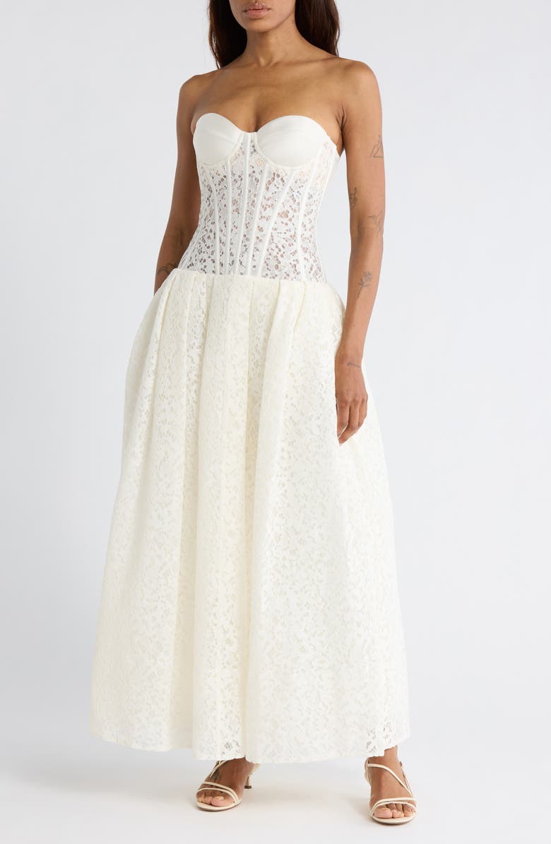 Simkhai Evangeline Strapless Bustier Lace Dress, Main, color, Ivory