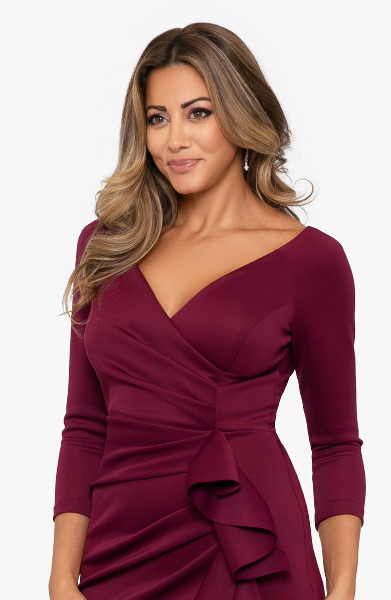Xscape Evenings Ruched Scuba Knit Ruffle Gown, Alternate, color, Wine