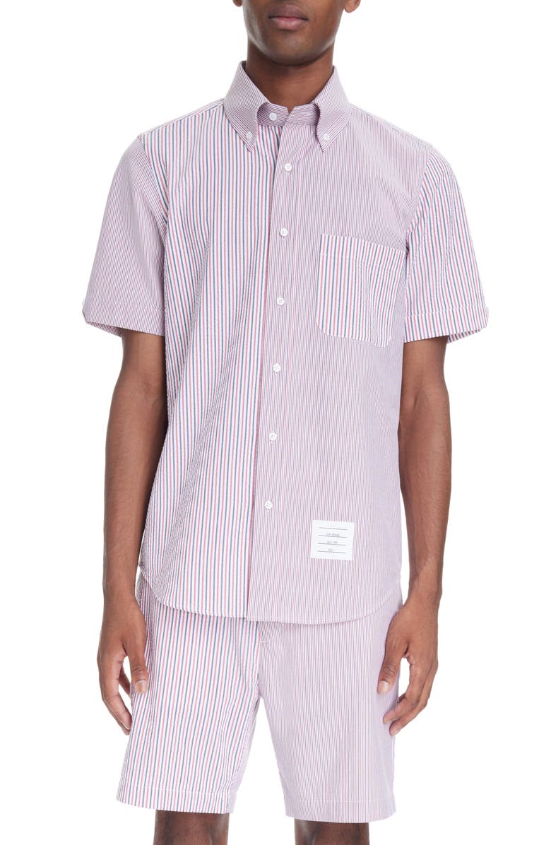 Thom Browne Straight Fit Stripe Short Sleeve Cotton Seersucker Button-Down Shirt, Main, color,