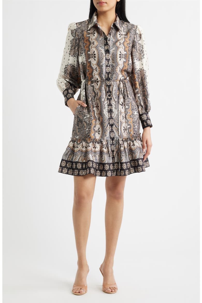Mixed Paisley Long Sleeve Shirtdress, Main, color, SAND MULTI