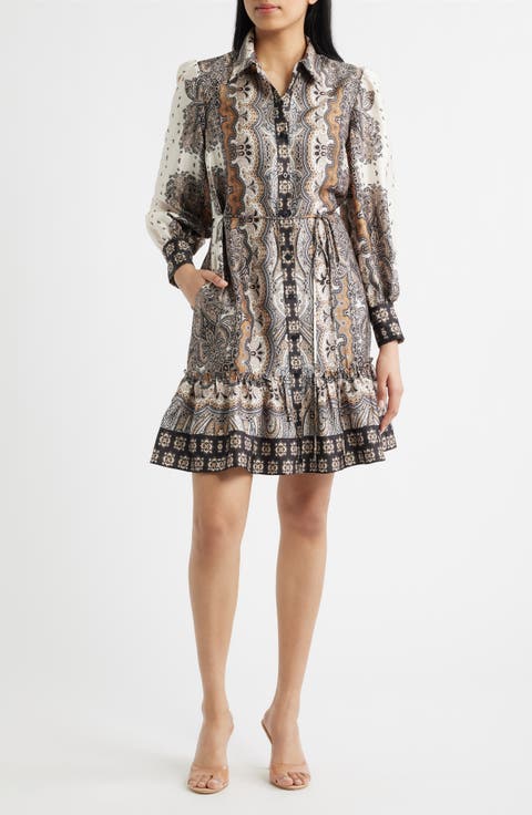 Mixed Paisley Long Sleeve Shirtdress