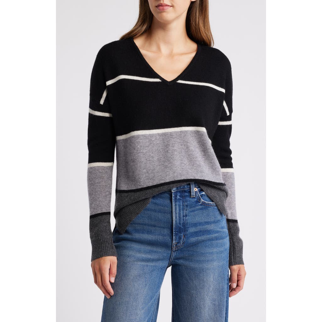 Griffen Stripe Wool & Cashmere V-Neck Sweater in Black Combo