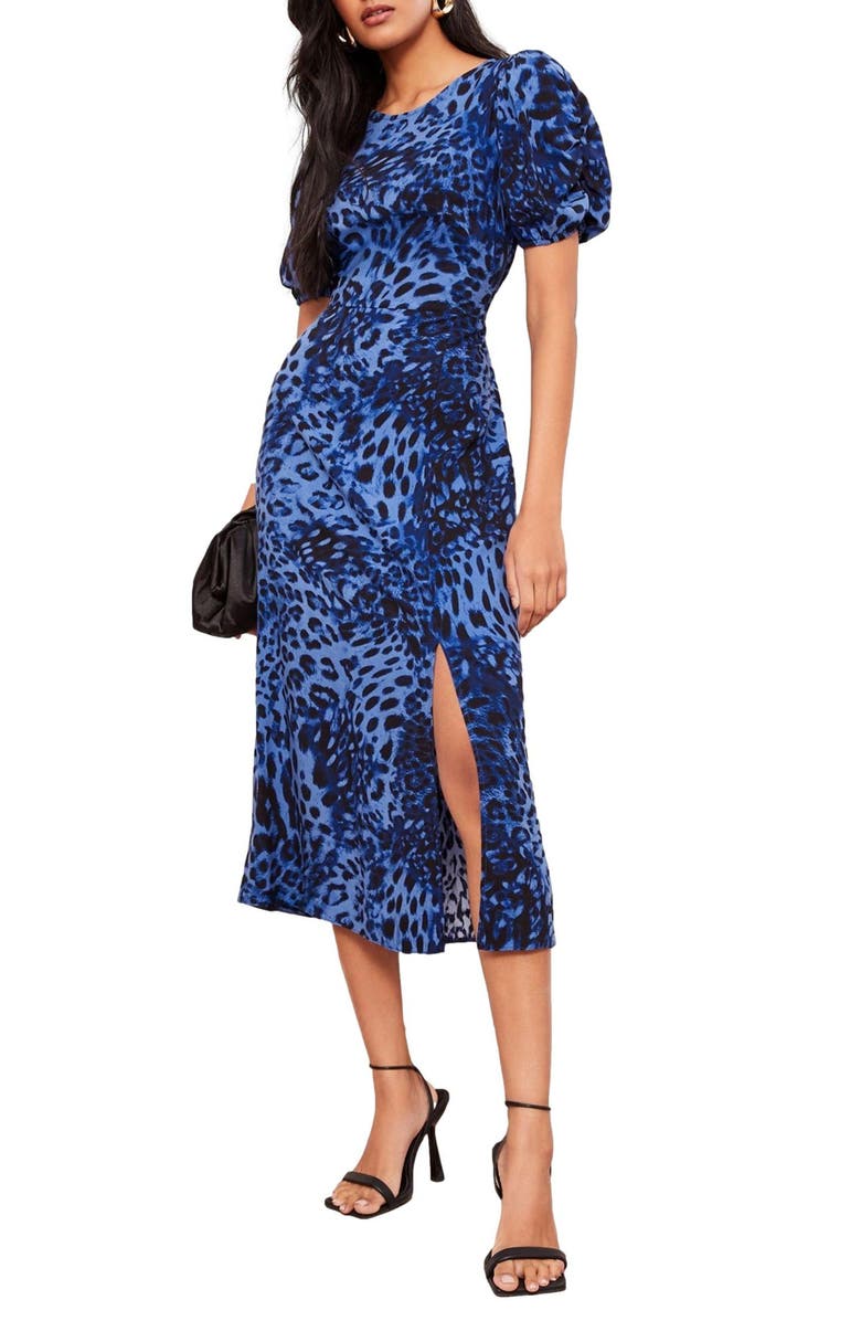 Friends Like These Leopard Print Ruched Midi Dress, Main, color, Blue