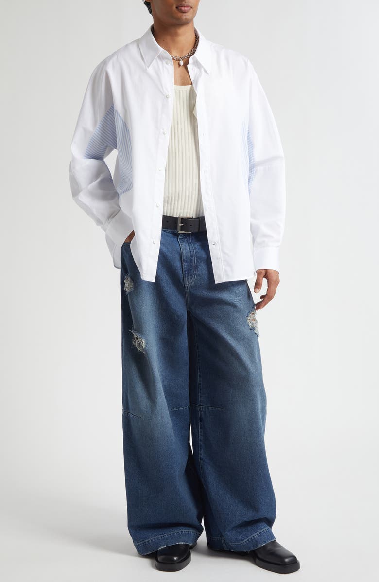 Simone Rocha Relaxed Fit Patchwork Egg Cotton Poplin Button-Up Shirt, Alternate, color, White/ Blue Stripe