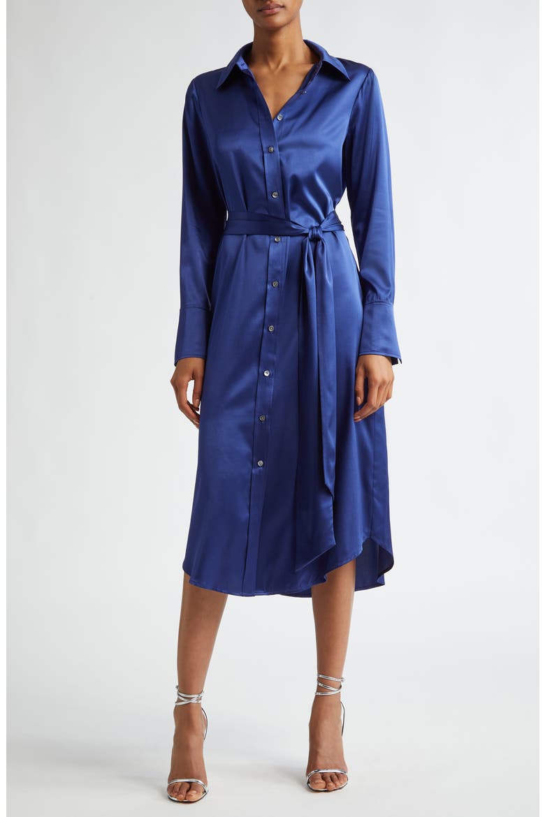 Victoria Tie Waist Long Sleeve Silk Blend Shirtdress, Main, color, NAVY