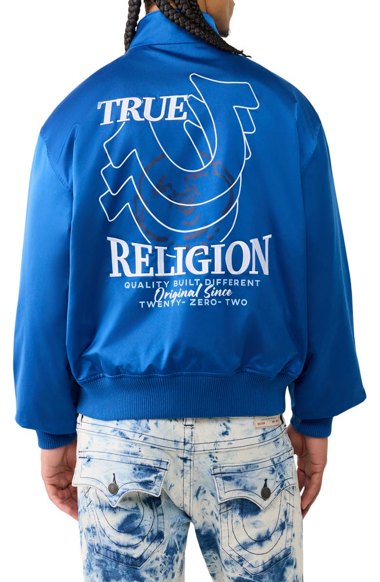 True Religion Logo Screenprint Bomber Jacket, Alternate, color, Pacific Blue