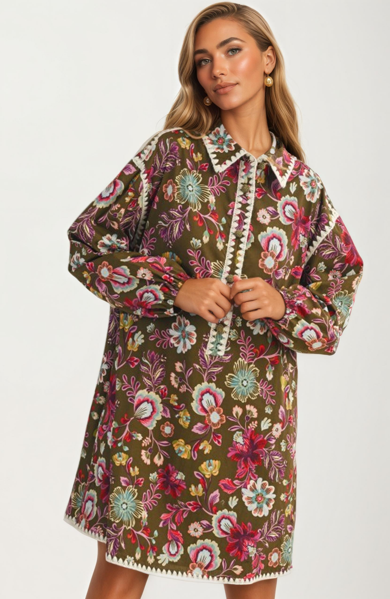 Knit and Lounge Floral Embroidered Long Sleeve Mini Dress, Alternate, color, 