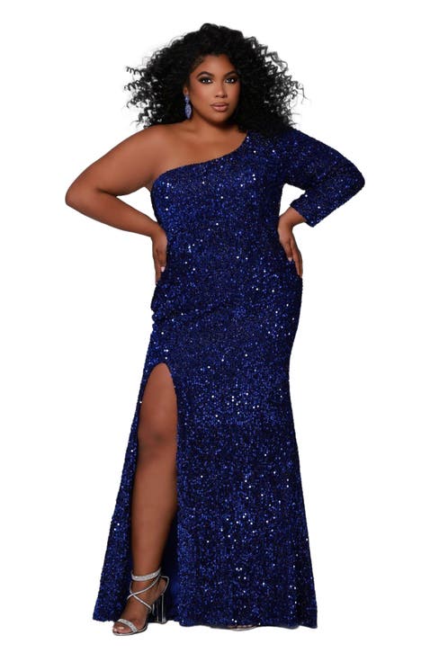 One-Shoulder Long Sleeve Sequin Plus Size Gown